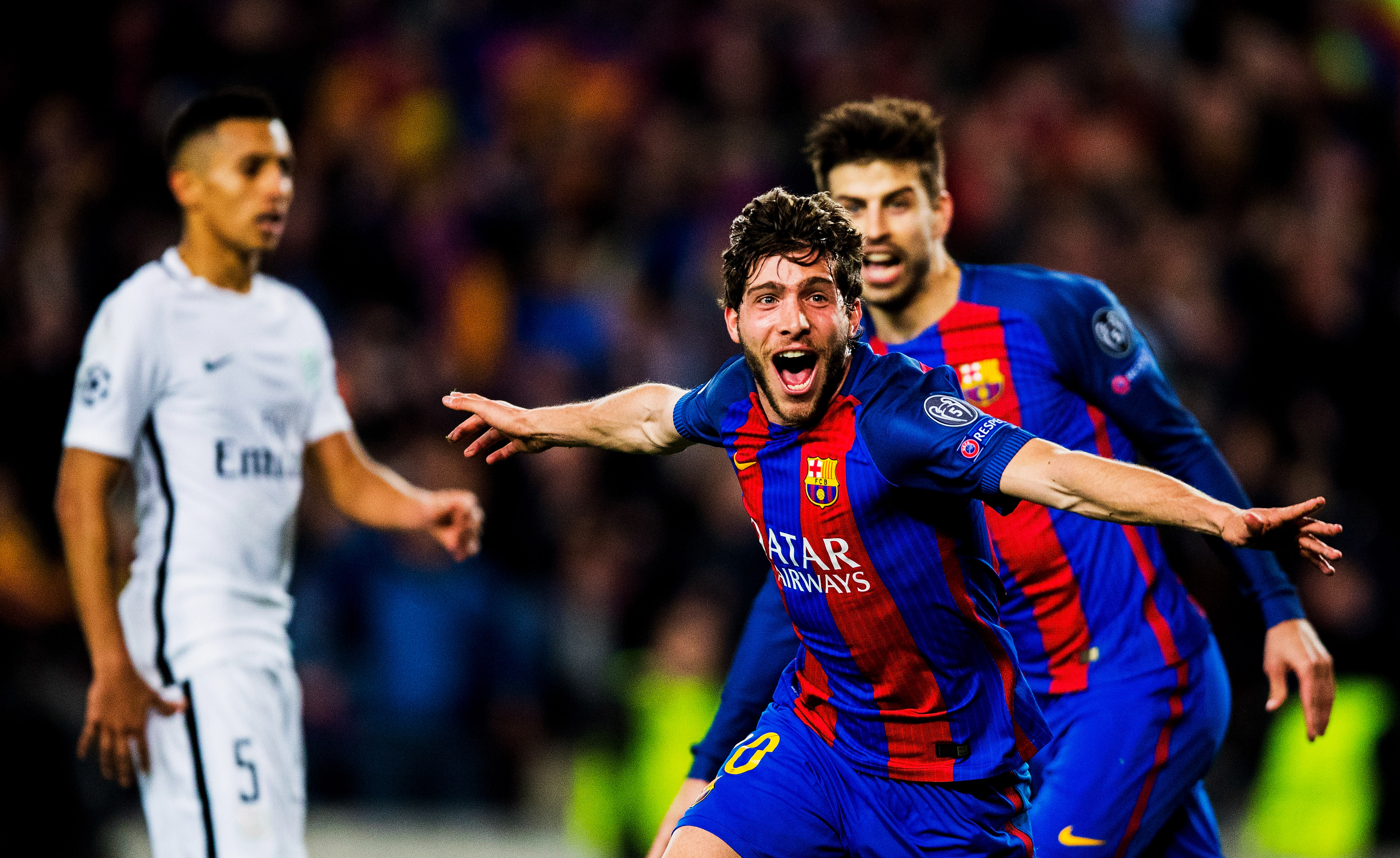 Sergi Roberto celebrates after scoring Barcelona's sixth goal against PSG in the 2016/17 Champions League last 16 second leg match at Camp Nou, completing the legendary comeback known as La Remontada