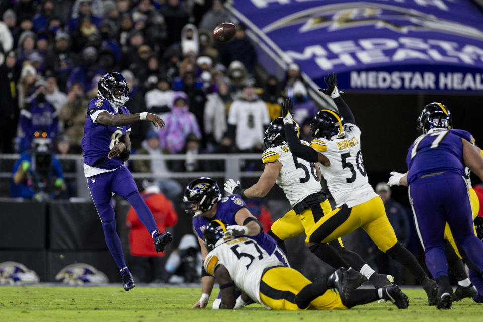 BALTIMORE, MARYLAND - DECEMBER 21: Lamar Jackson #8 of the Baltimore Ravens throws a pass during an NFL Football game against the Pittsburgh Steelers at M&T Bank Stadium on December 21, 2024 in Baltimore, Maryland. (Photo by Michael Owens/Getty Images)