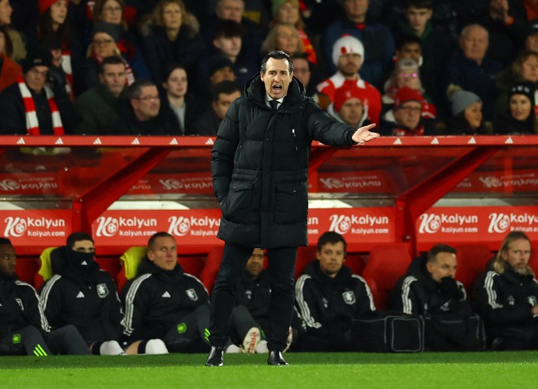 Soccer Football - Premier League - Nottingham Forest v Aston Villa - The City Ground, Nottingham, Britain - December 14, 2024 Aston Villa manager Unai Emery reacts Action Images via Reuters/Andrew Boyers EDITORIAL USE ONLY. NO USE WITH UNAUTHORIZED AUDIO, VIDEO, DATA, FIXTURE LISTS, CLUB/LEAGUE LOGOS OR 'LIVE' SERVICES. ONLINE IN-MATCH USE LIMITED TO 120 IMAGES, NO VIDEO EMULATION. NO USE IN BETTING, GAMES OR SINGLE CLUB/LEAGUE/PLAYER PUBLICATIONS. PLEASE CONTACT YOUR ACCOUNT REPRESENTATIVE FOR FURTHER DETAILS..