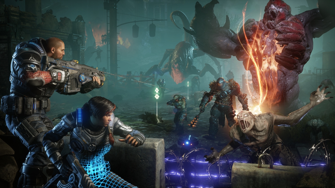 Screenshot from Gears of War 5 showing J.D. Fenix and Kait Diaz battling the Swarm.