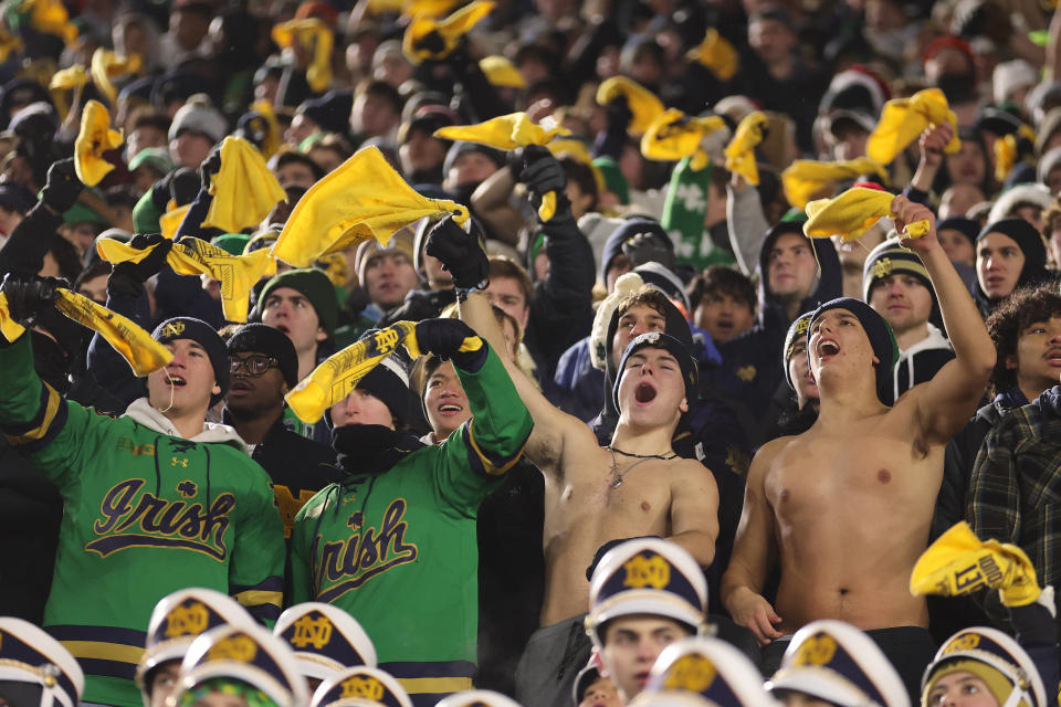 SOUTH BEND, INDIANA - DECEMBER 20: Notre Dame Fighting Irish fans cheer during the second half against the Indiana Hoosiers in the Playoff First Round game at Notre Dame Stadium on December 20, 2024 in South Bend, Indiana. Notre Dame defeated Indiana 27-17. (Photo by Michael Reaves/Getty Images)