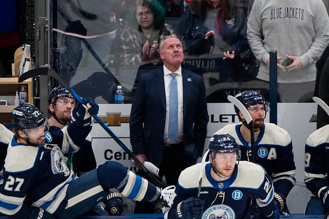 Columbus Blue Jackets head coach Dean Evason watches during the second period of the NHL hockey game against the New Jersey Devils at Nationwide Arena in Columbus on Dec. 19, 2024.