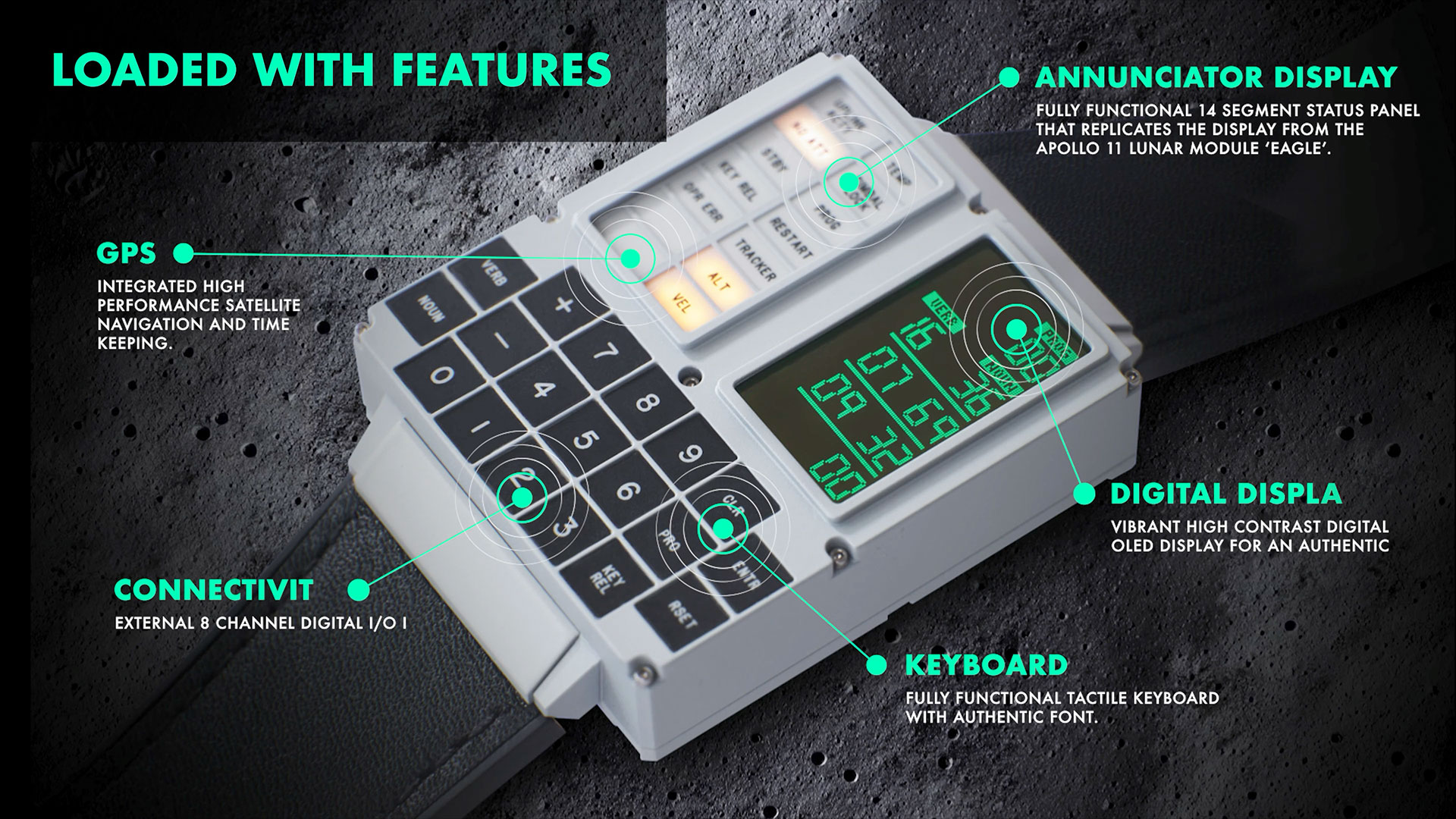 A graphic showing Apollo Instruments' DSKY Moonwatch with its features labeled.