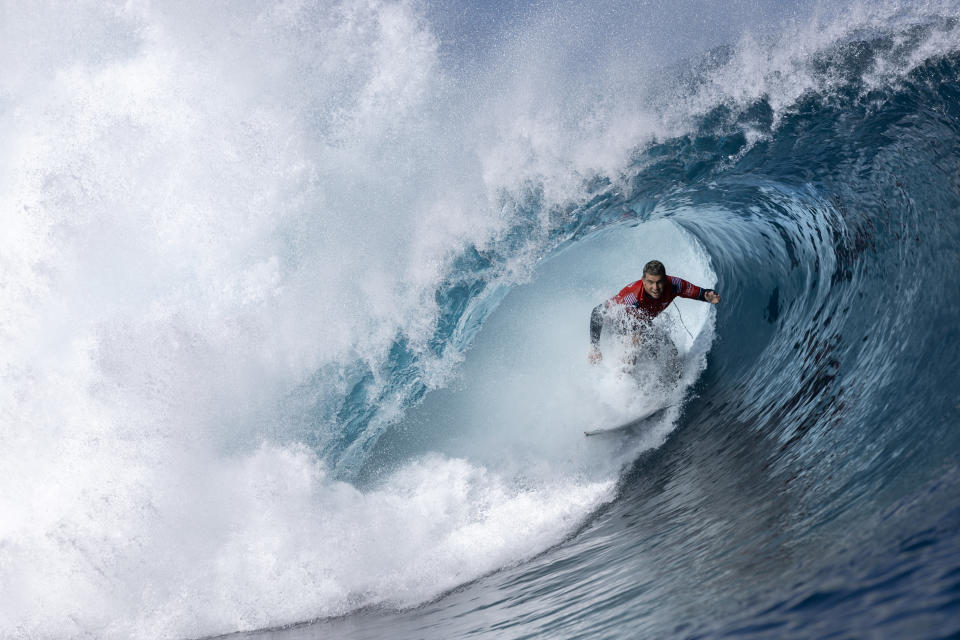 TEAHUPO'O, FRENCH POLYNESIA - MAY 30:  Cole Houshmand of the United States competes in the Round of 16 at the SHISEIDO Tahiti Pro on May 30, 2024 in Teahupo'o, French Polynesia. (Photo by Sean M. Haffey/Getty Images)