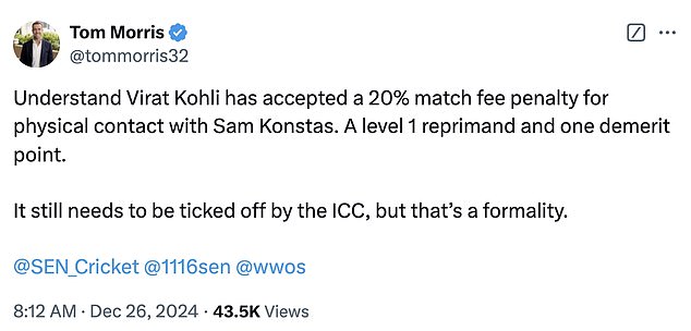 Journalist Tom Morris stated that Virat Kohli had accepted a 20 per cent match fee penalty