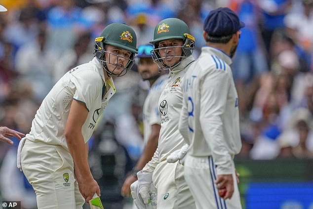 Konstas's teammate Usman Khawaja (middle) had to get between him and Kohli to settle the situation down after the 19-year-old hit back at the former Indian skipper with a verbal tirade