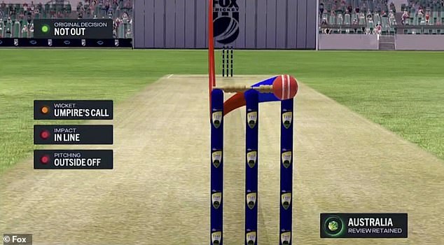 Aussie cricket fans lashed out after the DRS graphic (pictured) appeared to show that the ball that struck Jaiswal on the pads would have gone on to hit the stumps