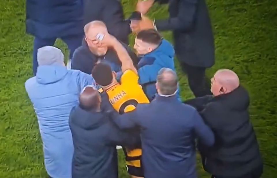 Cunha was escorted off the pitch following a scuffle at full-time with a member of the Ipswich bench