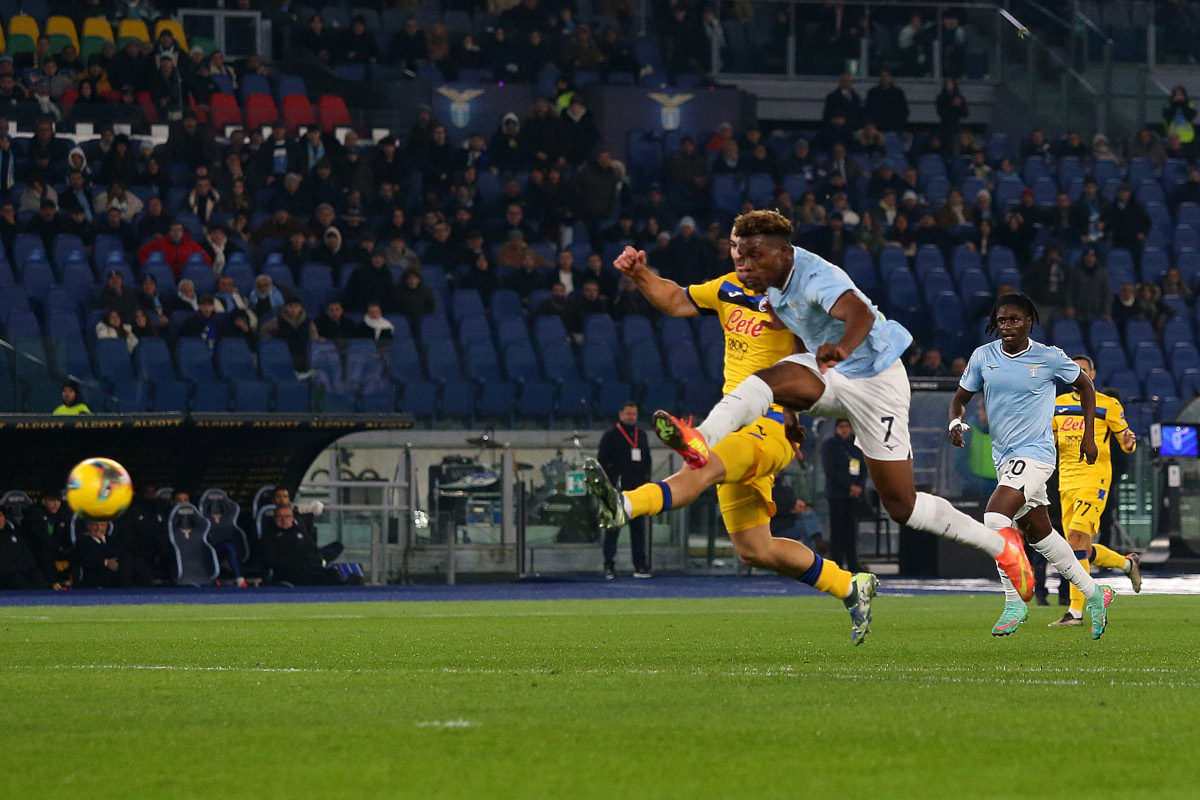 ROME, ITALY - DECEMBER 28: Fisayo Dele-Bashiru of SS Lazio scores the opening goal during the Serie A match between SS Lazio and Atalanta at Stadio Olimpico on December 28, 2024 in Rome, Italy. (Photo by Paolo Bruno/Getty Images)