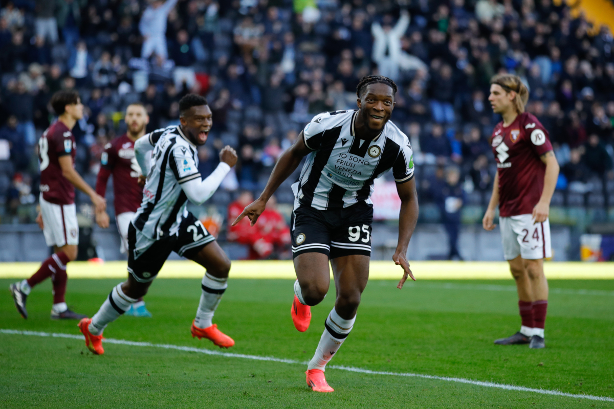 UDINE, ITALY - DECEMBER 29: Isaak Touré of Udinese celebrates scoring the first goal during the Serie A match between Udinese and Torino at Stadio Friuli on December 29, 2024 in Udine, Italy. (Photo by Timothy Rogers/Getty Images)