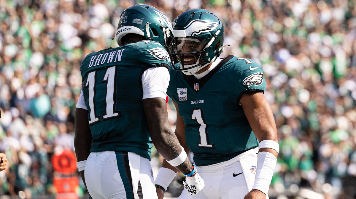 Philadelphia Eagles quarterback Jalen Hurts (1) and wide receiver A.J. Brown (11) celebrate their touchdown pass during the second quarter against the Cleveland Browns at Lincoln Financial Field.