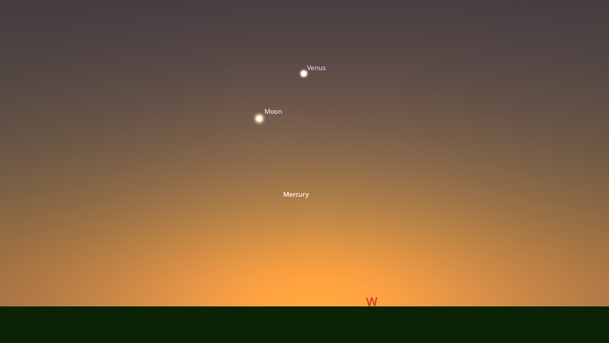 night sky graphic showing the moon in the center and venus in the upper right with Mercury below.