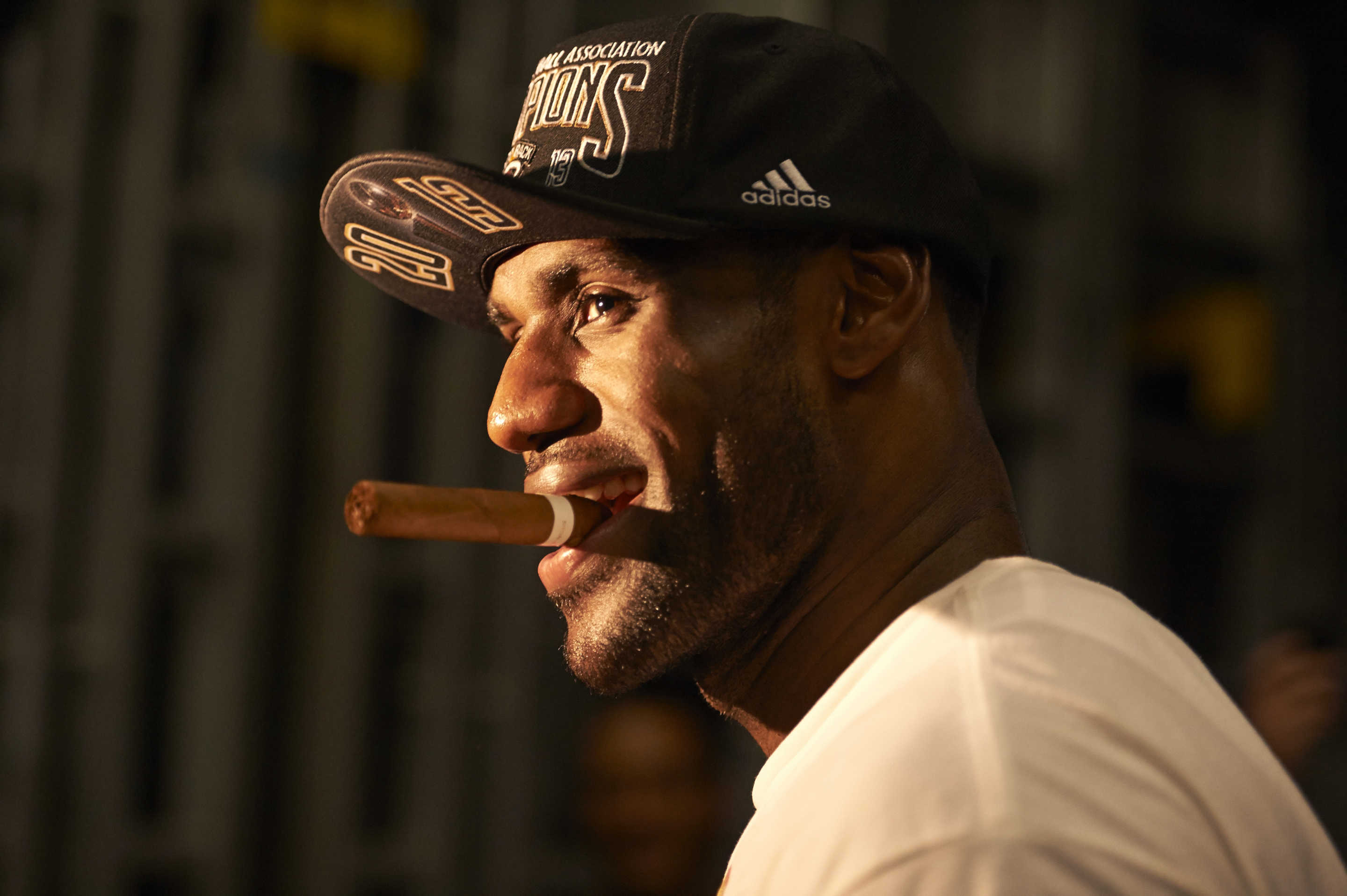 Basketball: NBA Finals: Closeup of Miami Heat LeBron James (6) victorious with cigar after winning Game 7 and series vs San Antonio Spurs at American Airlines Arena. 
Miami, FL 6/20/2013
CREDIT: Greg Nelson (Photo by Greg Nelson /Sports Illustrated via Getty Images)
(Set Number: X156677 TK1 R12 F9 )