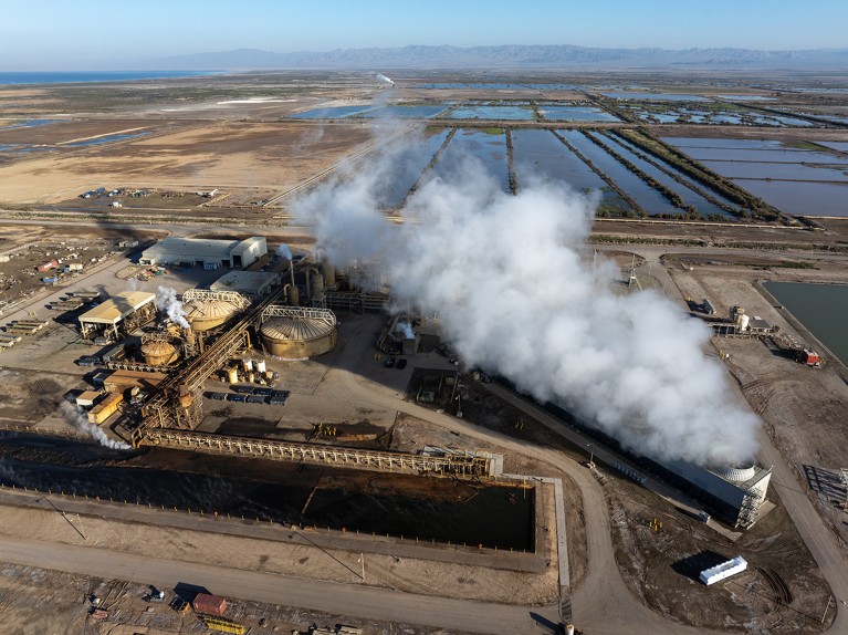 An aerial view of steam rising from the Hudson Ranch geothermal power plant near Niland, California