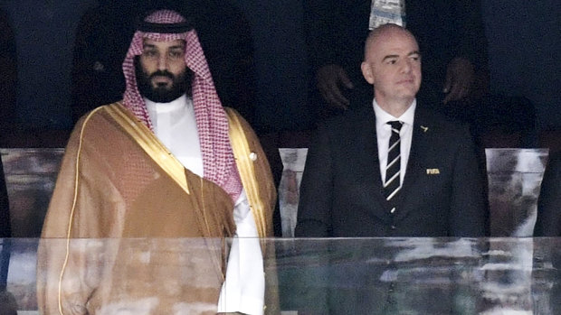 Mohammed bin Salman and Gianni Infantino at the 2018 World Cup in Russia.