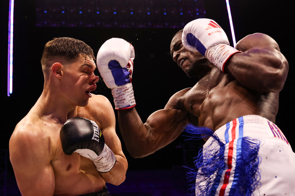 LONDON, ENGLAND - JUNE 15: Richard Riakporhe lands an upper cut on Chris Billam-Smith during the WBO World Cruiserweight Title fight at Selhurst Park on June 15, 2024 in London, England. (Photo by Richard Heathcote/Getty Images)