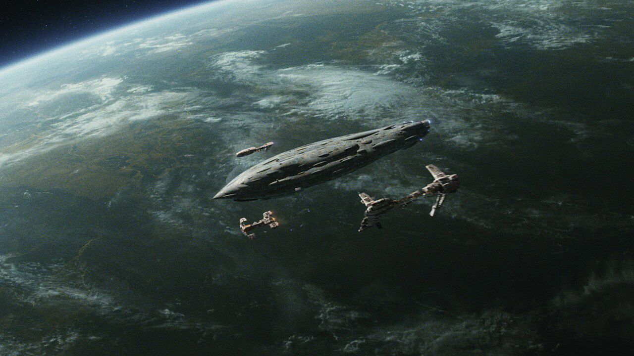 A large spaceship in orbit of an earth-like planet, surrounded by smaller ships.