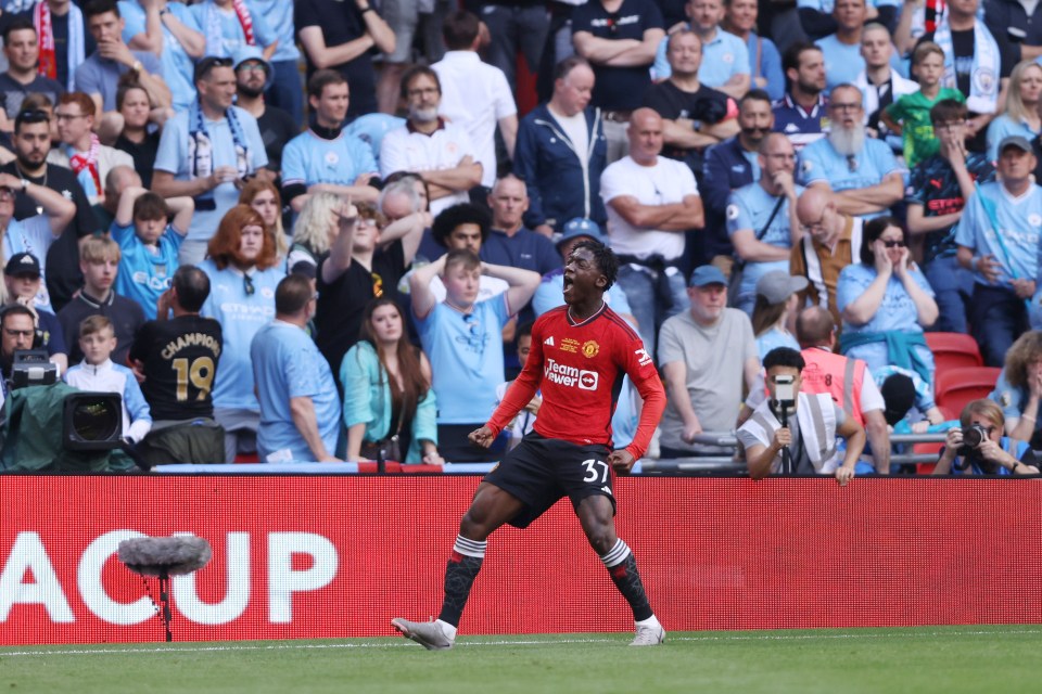 Although City won the league, United stopped them winning the FA Cup with another local boy, Kobbie Mainoo, scoring the winner to break rival hearts