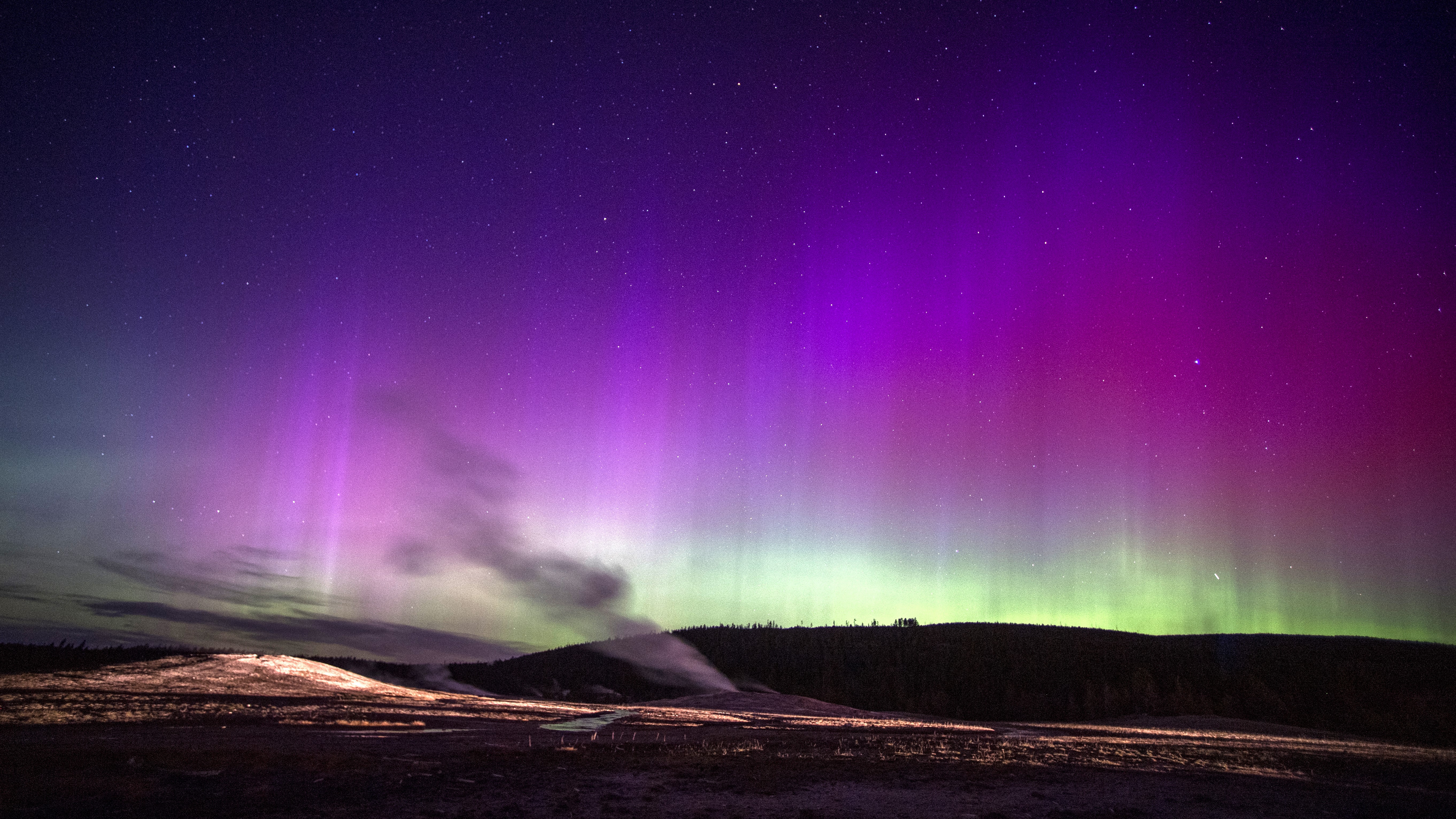 colorful ribbons of purple and green light fill the sky above a geyser emitting steam.