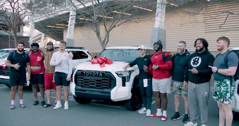 Purdy gifted a total of 10 new Toyotas to his teammates