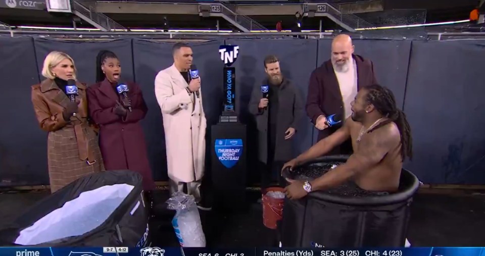 A shirtless Sherman jumped into the ice bath on the live TNF coverage