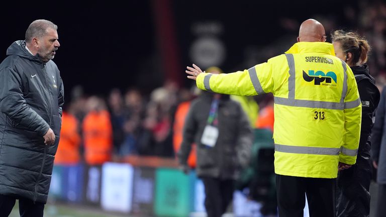 Tottenham Hotspur manager Ange Postecoglou after speaking with fans at the final whistle following the Premier League match at the Vitality Stadium, Bournemouth. Picture date: Thursday December 5, 2024.