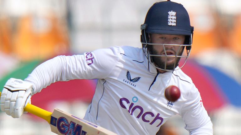 England's Ben Duckett plays a shot during the third day of the first test cricket match between Pakistan and England, in Multan, Pakistan, Wednesday, Oct. 9, 2024. (AP Photo/Anjum Naveed) 