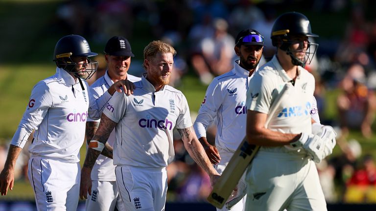 England's Ben Stokes celebrates the wicket of New Zealand's Will O'Rourke in Hamilton