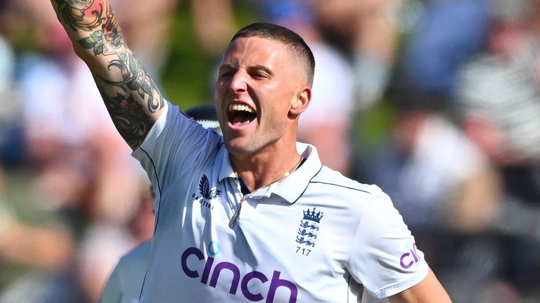 England's Brydon Carse appeals unsuccessfully for a wicket during play on day one of the second cricket test between New Zealand and England at the Basin Reserve in Wellington, New Zealand, Friday, Dec.6, 2024. (Kerry Marshall/Photosport via AP)