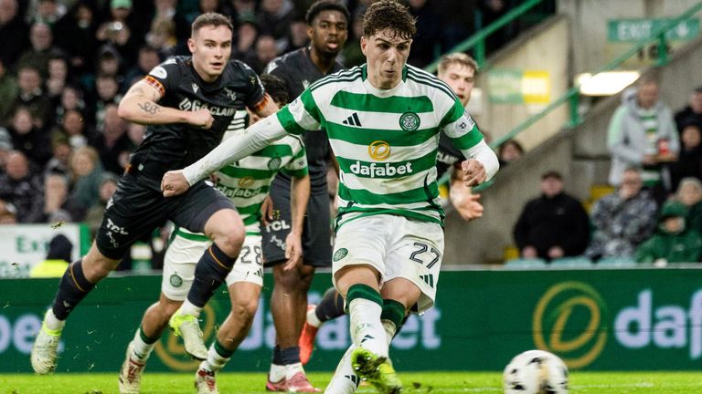 GLASGOW, SCOTLAND - DECEMBER 26: Celtic's Arne Engels scores a penalty to make it 1-0 during a William Hill Premiership match between Celtic and Motherwell at Celtic Park, on December 26, 2024, in Glasgow, Scotland. (Photo by Craig Foy / SNS Group)