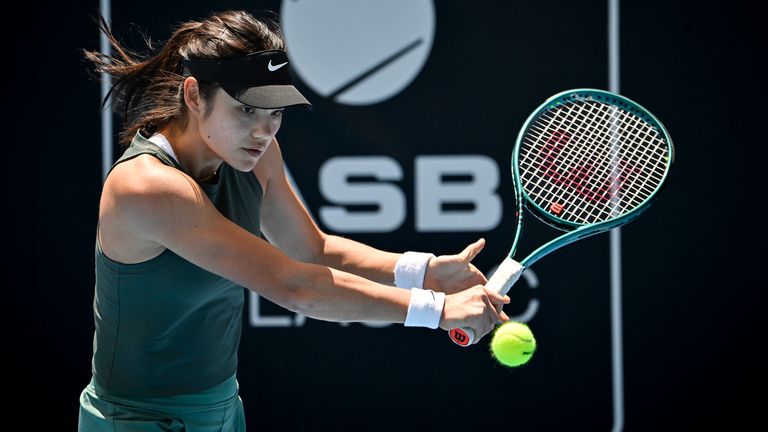 Emma Raducanu of Britain returns a shot during a practice session at Manuka Doctor Arena in Auckland, New Zealand, Sunday, Dec. 29, 2024, ahead of the ASB Classic tennis tournament. (Alan Lee/Photosport via AP)