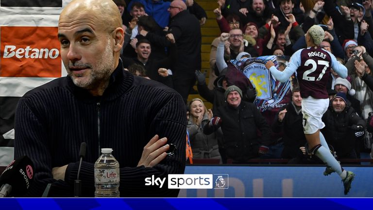 Aston Villa&#39;s Morgan Rogers celebrates after scoring his side&#39;s second goal during the English Premier League soccer match between Aston Villa and Manchester City, at Villa Park in Birmingham, England, Saturday, Dec. 21, 2024. 