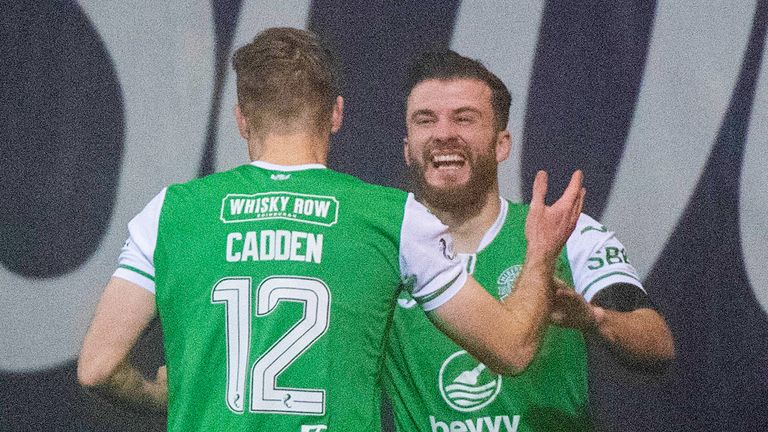 DUNDEE, SCOTLAND - NOVEMBER 23: Hibernian's Nicky Cadden celebrates with his brother Chris after scoring to make it 1-0 during a William Hill Premiership match between Dundee and Hibernian at the Scot Foam Stadium at Den's Park on November 23, 2024, in Dundee, Scotland. (Photo by Euan Cherry / SNS Group)