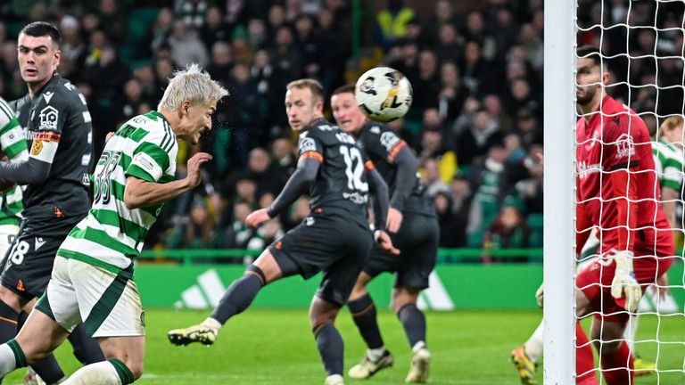 GLASGOW, SCOTLAND - DECEMBER 26: Celtic's Daizen Maeda scores to make it 2-0 during a William Hill Premiership match between Celtic and Motherwell at Celtic Park, on December 26, 2024, in Glasgow, Scotland. (Photo by Rob Casey / SNS Group)