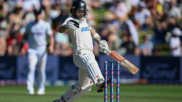 New Zealand's Kane Williamson attempts to kick the ball away from his stumps but ends up hitting his middle stump