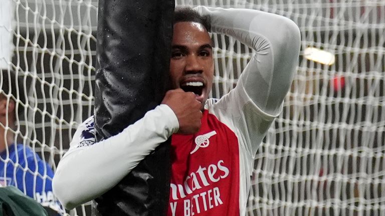 Gabriel reacts after sending a close-range header wide of the Ipswich goal