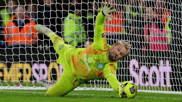 Kasper Schmeichel saves a penalty from Ridvan Yilmaz to earn Celtic victory in the Scottish League Cup final