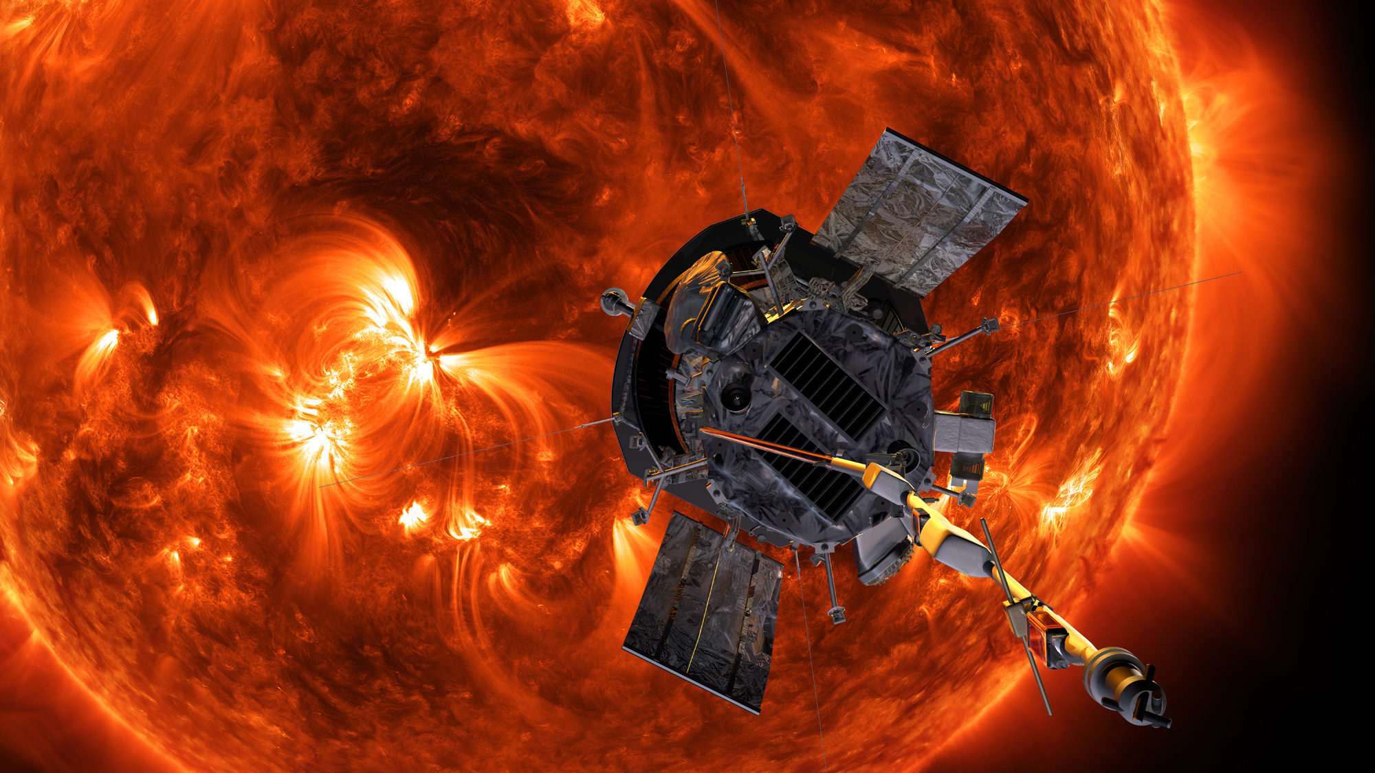 An artist's depiction of the Parker Solar Probe, scheduled to launch in early August, approaching the sun.