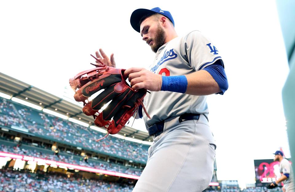 Gavin Lux walks back to the dugout before a game between the Dodgers and Angels in September.