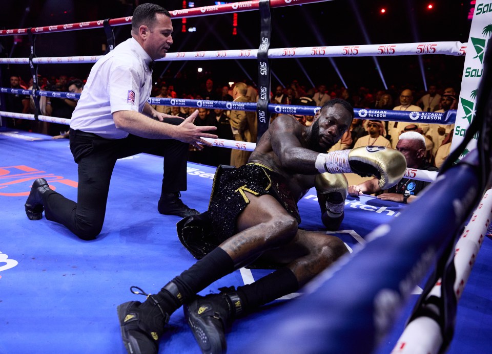 Deontay Wilder knocked down in a boxing match.