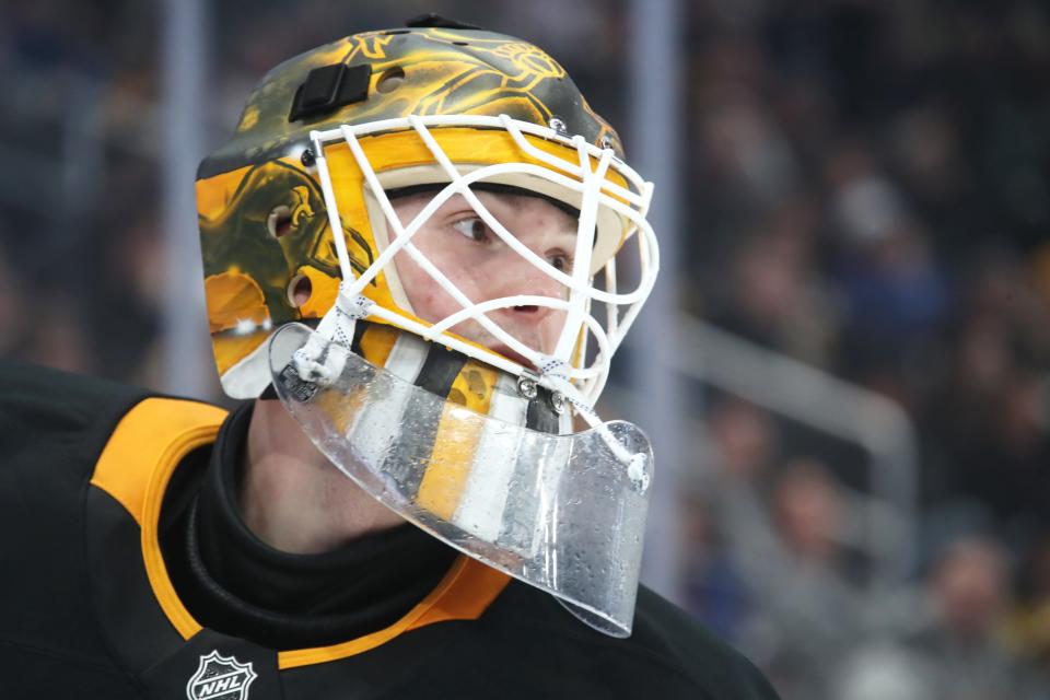 Feb 23, 2025; Pittsburgh, Pennsylvania, USA; Pittsburgh Penguins goaltender Joel Blomqvist (30) looks on against the New York Rangers during the third period at PPG Paints Arena. (Charles LeClaire-Imagn Images)