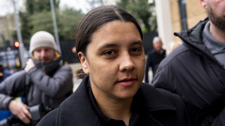 Chelsea and Australia striker Sam Kerr arrives at Kingston Crown Court, south west London, where she is charged with alleged racially aggravated harassment of a police officer. Kerr, 31, is charged with causing a police officer harassment, alarm or distress under Section 4A of the Public Order Act during an incident in Twickenham, south-west London, on January 30 2023. Picture date: Monday February 3, 2025.