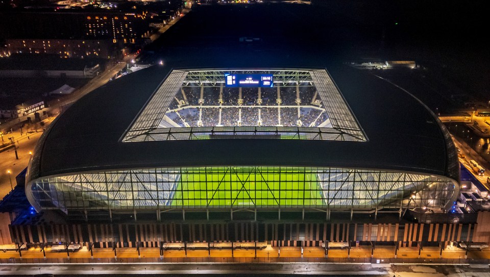 Aerial view of Bramley Moore Dock stadium at night.