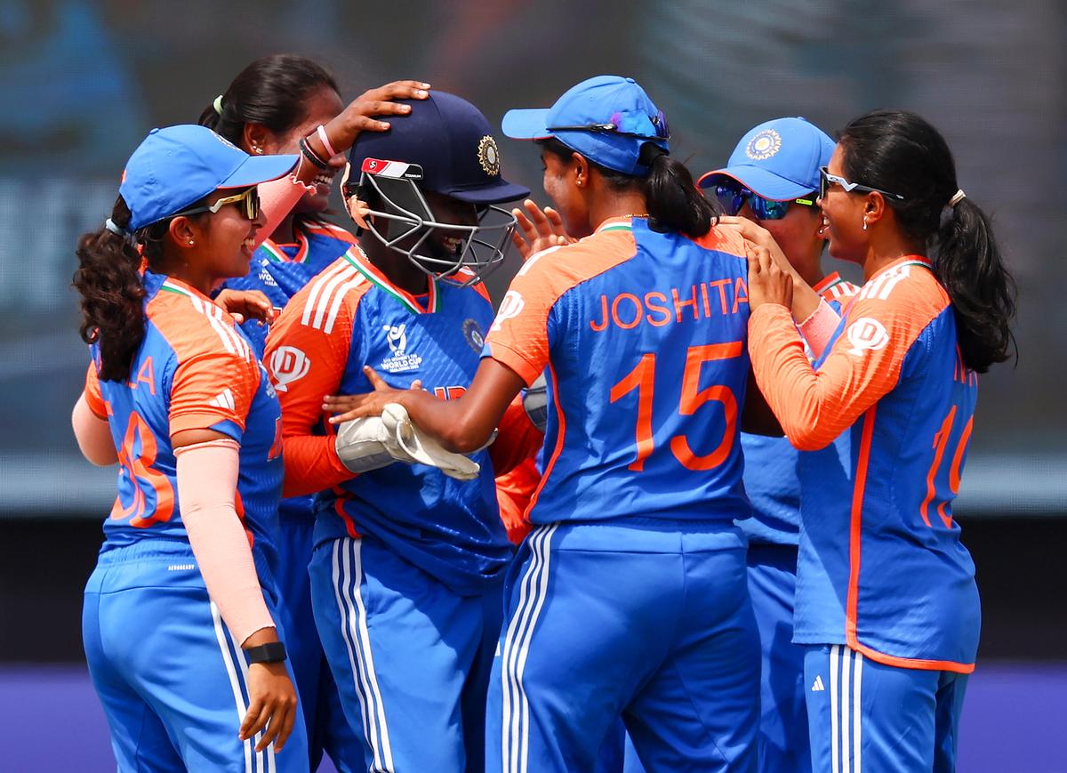 Kuala Lumpur [Malaysia], Feb 02 (ANI): India's Aayushi Shukla, G Kamalini and teammates celebrate the dismissal of South Africa's Mieke van Voorst during the Under 19 Women T20 World Cup 2025 final match, at Bayuemas Oval stadium in Kuala Lumpur on Sunday. (ANI Photo)