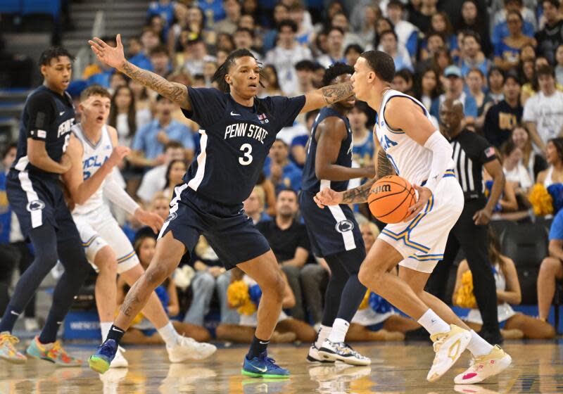 LOS ANGELES, CA - FEBRUARY 08: Penn State Nittany Lions guard Nick Kern Jr. (3) defends.