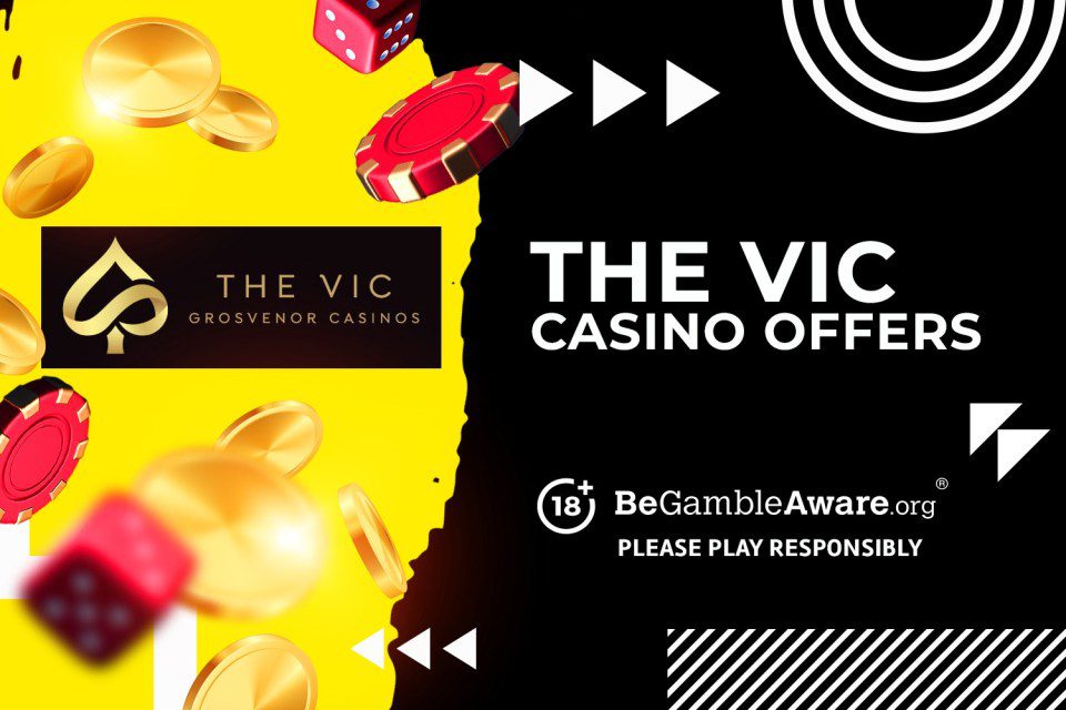 Illustration of casino chips, dice, and coins; The Vic Casino offers.  Please play responsibly.