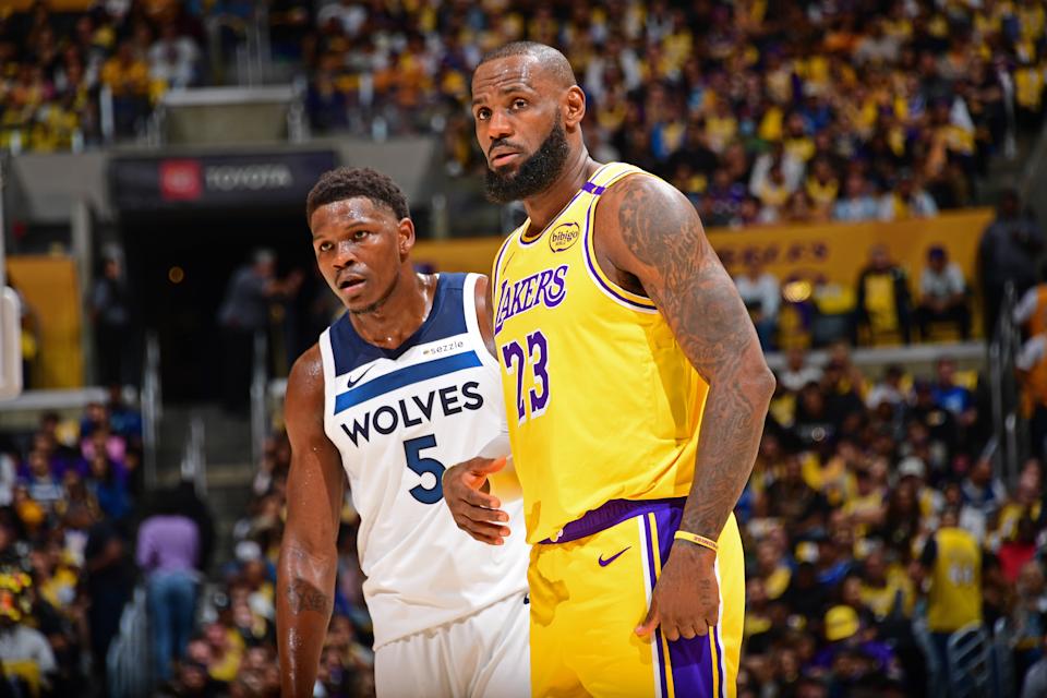 LeBron and Ant on opening night. (Adam Pantozzi/NBAE via Getty Images)