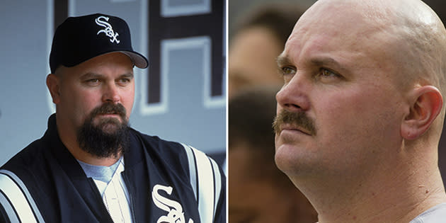 David Wells with a goatee in Chicago and with just a mustache in New York. He had stints with the Yankees from 1997-1998 and 2002-2003.