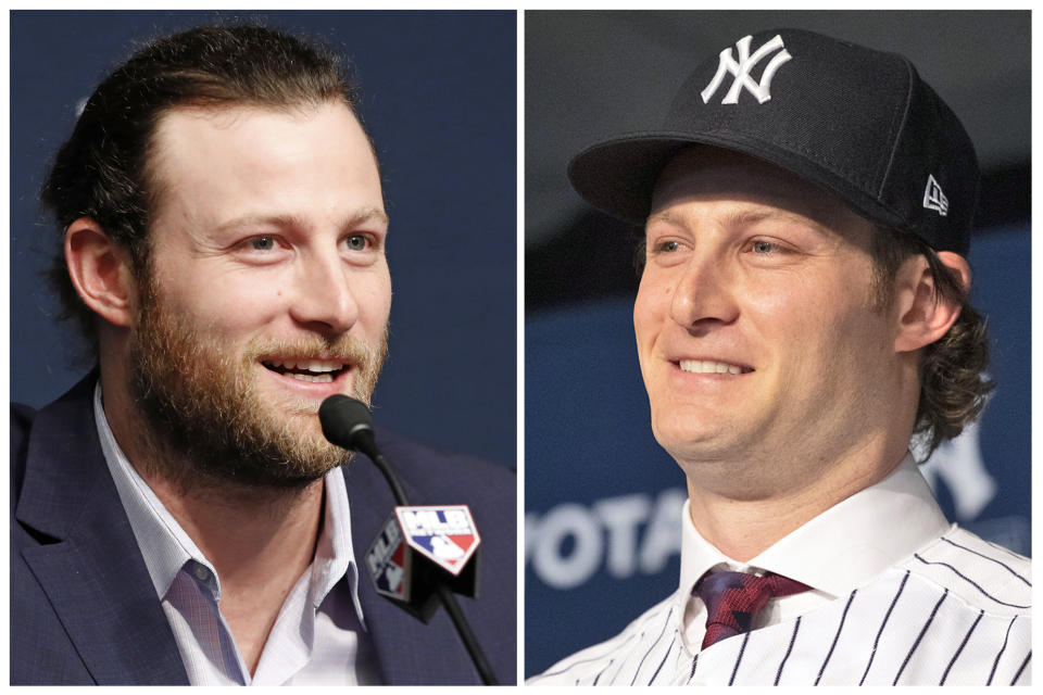 ARCHIVO - Esta combinación de fotos de archivo muestra al lanzador abridor de los Astros de Houston, Gerrit Cole, el 14 de octubre de 2019, y siendo presentado como jugador de los Yankees de Nueva York el 18 de diciembre de 2019. (Foto AP/Archivo)