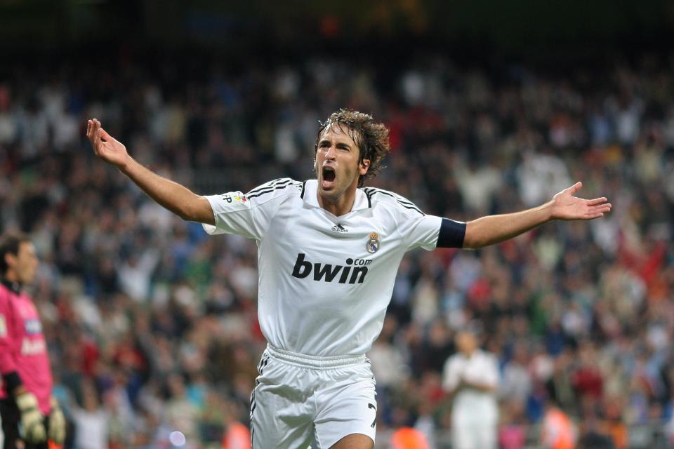 Raul, a famous football striker, celebrating a goal.